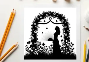 Romantic silhouette of woman standing before floral arch at sunset