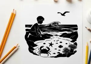 Boy exploring tide pool on rocky seashore by ocean waves