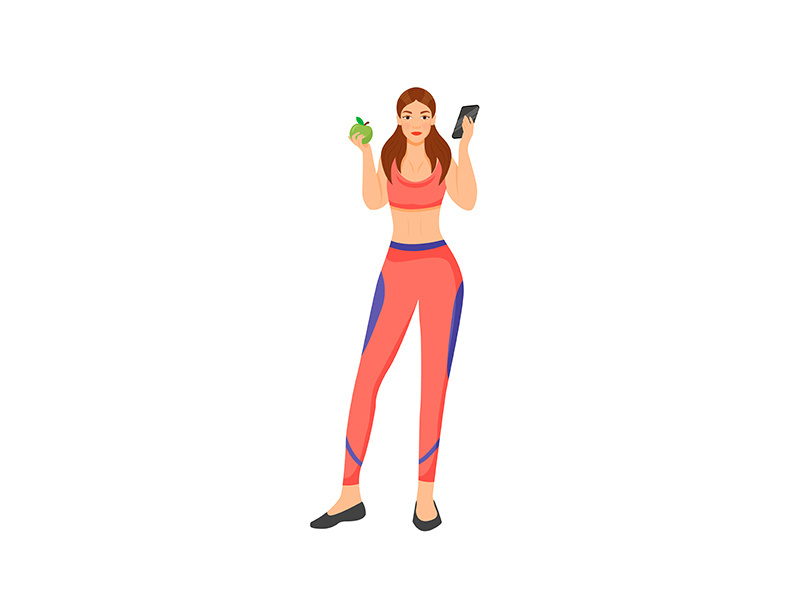 Female nutritionist, girl with apple and smartphone flat color vector character