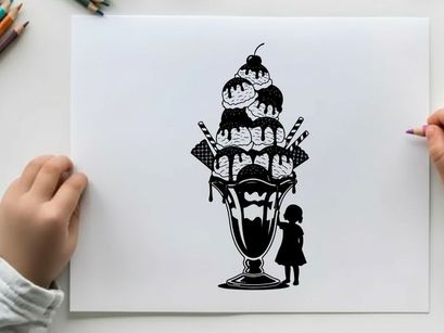 Silhouette of a girl looking at a giant ice cream sundae silhouette