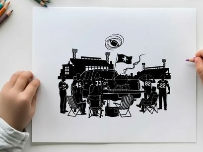 Silhouette of people gathered around a vehicle with a flag