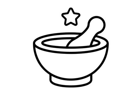 Mortar and pestle with golden star for spice grinding. Traditional kitchen tool used in herbal medicine and gourmet cooking preparation.