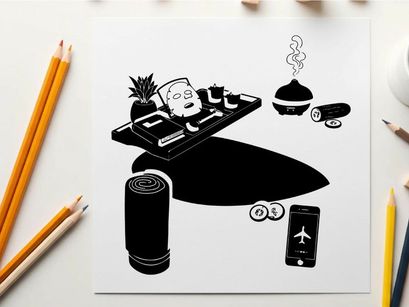 Silhouette of a man with travel items and laptop