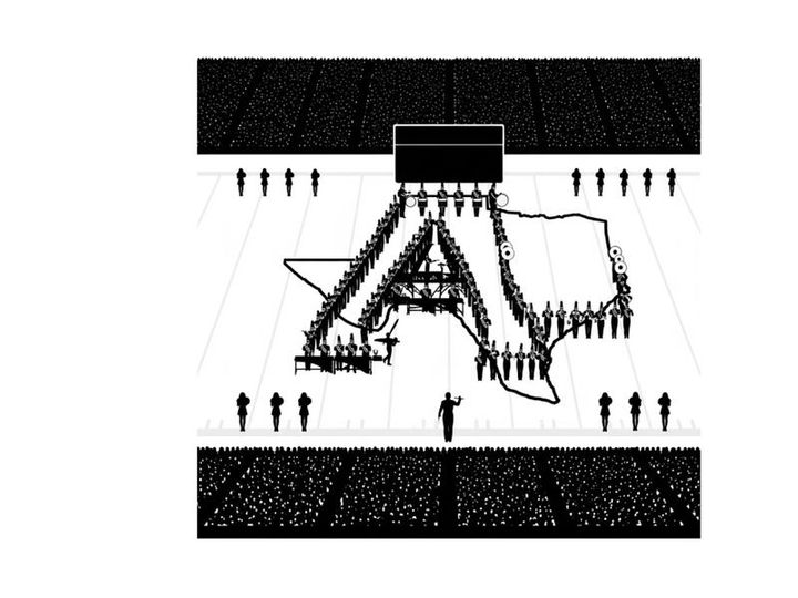 Silhouette of people forming a large letter a with a conductor