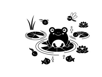 Frog silhouette sitting on a lily pad surrounded by aquatic life silhouette preview picture