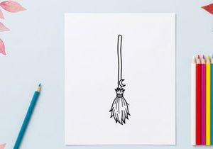 Witch broomstick icon with crescent moon. Magic broom line art for Halloween design.