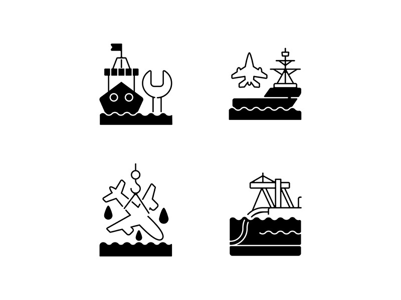 Maritime sector black linear icons set