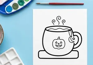 Halloween jack-o-lantern mug steaming with hot drink. Spooky autumn ceramic cup featuring carved pumpkin face for festive beverages.