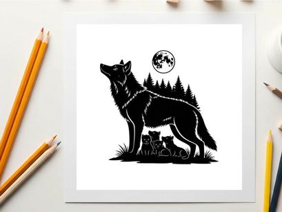 Silhouette of a wolf howling at the full moon in forest