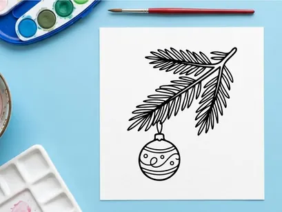 Christmas tree branch with hanging bauble ornament, black and white line art drawing.