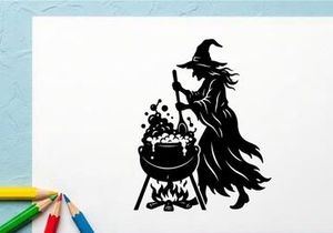 Silhouette einer Hexe, die einen Trank im Kessel braut – bei Nacht