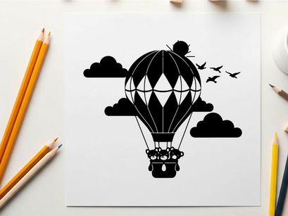 Hot air balloon silhouette flying through sunny sky with clouds