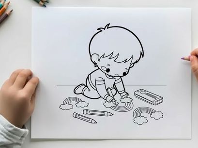 Cute baby drawing with crayons vector illustration flat design