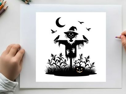 Scarecrow silhouette standing in a cornfield at night with birds and moon