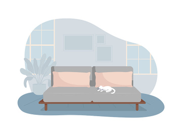 Living room with grey sofa 2D vector isolated illustration preview picture