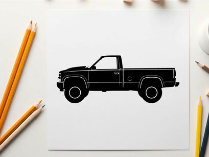 Silhouette of a classic pickup truck with a long bed and large tires
