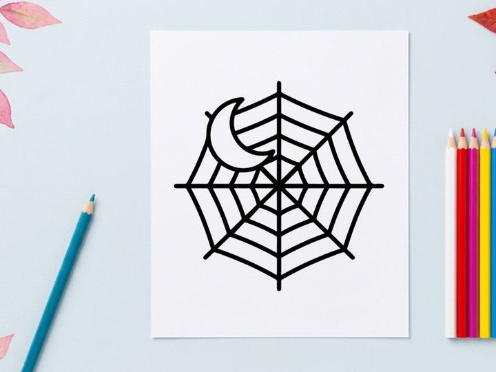 Telaraña de araña dibujada a mano con luna y patrón geométrico. Ilustración vintage de telaraña espeluznante para decoraciones estacionales y manualidades.