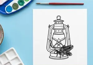 Christmas lantern line art illustration with pine branches and cones for holiday decor