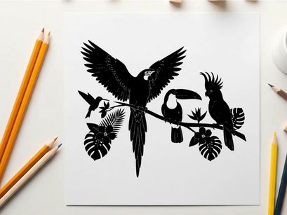 Tropical bird silhouette with exotic leaves and colorful avian friends silhouette