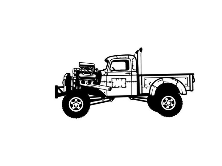 Silhouette of a vintage pickup truck with large tires and exposed engine silhouette