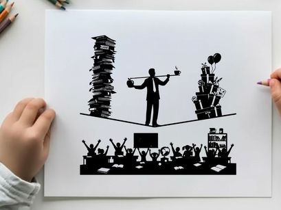 Silhouette of businessman balancing work and office supplies on a tightrope