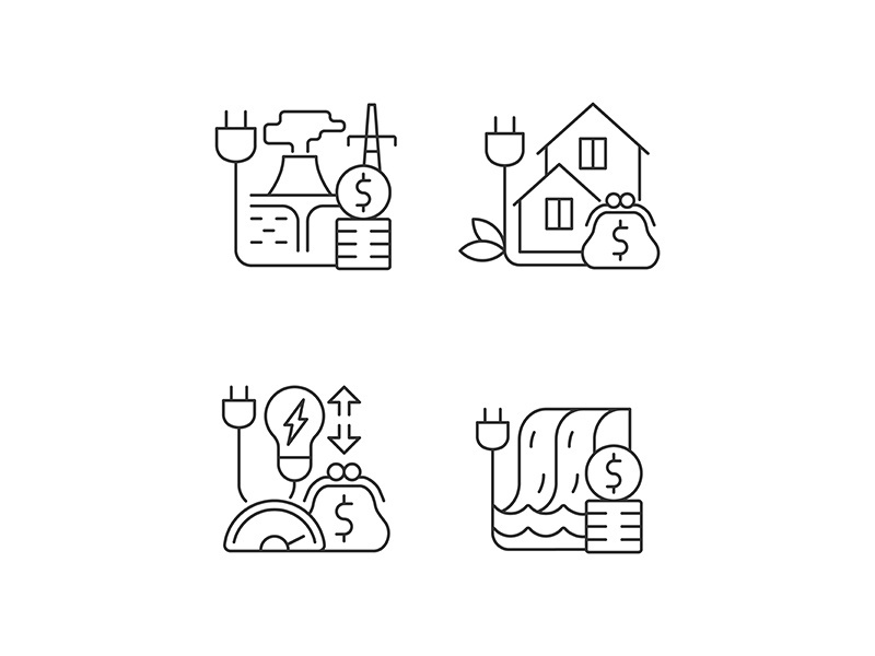 Electrical power cost linear icons set