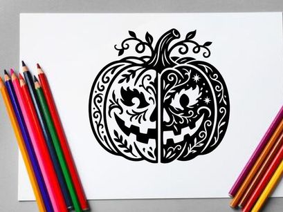 Halloween-Kürbis mit gruselig geschnitztem Gesicht und wirbelndem Rankendesign