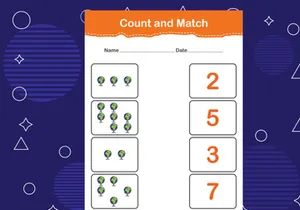10 Pages Count and match with the correct number. Matching education game. Count how many items and choose the correct number