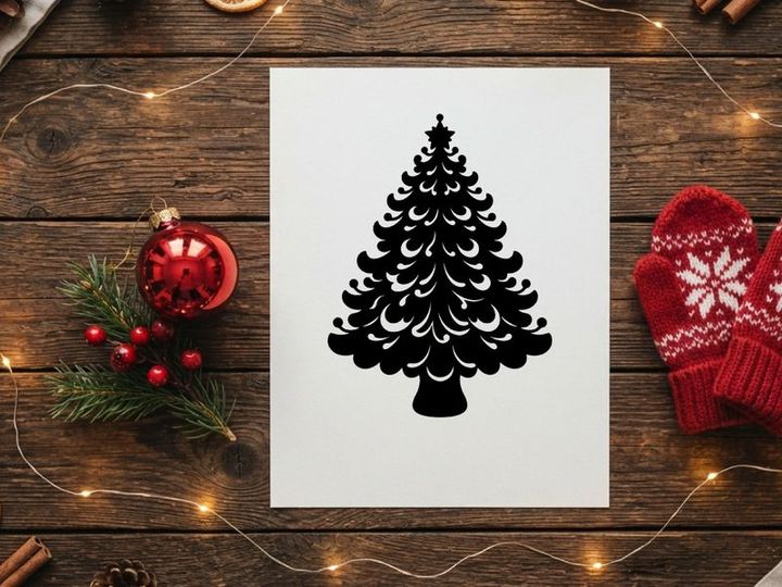 Ikon pohon cemara hitam terisolasi di latar belakang putih untuk desain hari raya.