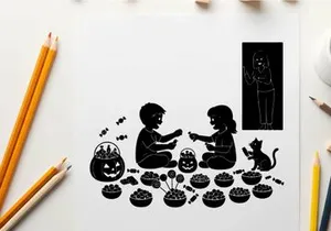 Halloween silhouette of children and cat with jack o lanterns and treats