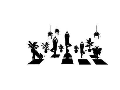 Yoga silhouettes on colorful mats with plants silhouette