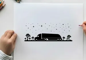 Truck silhouette driving under starry night sky with trees