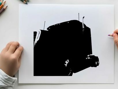 Silhouette of a semi truck against a white background