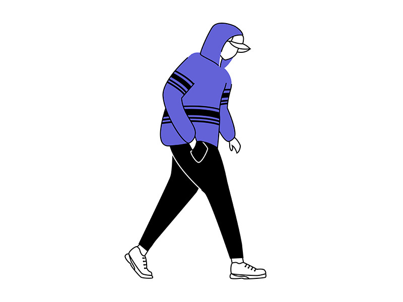 Suspicious teenager in cap and sweatshirt flat silhouette vector illustration