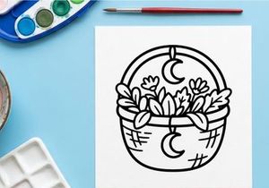 Witchy basket with flowers and moon icons. Celestial floral arrangement in line art style.