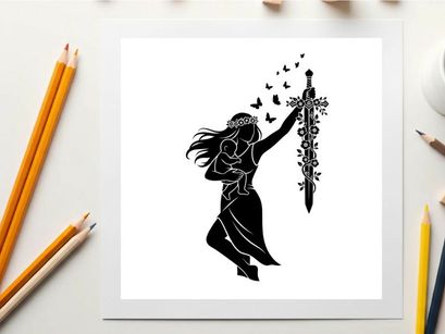 Silhouette of a woman holding a sword with flowers and butterflies