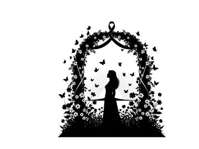Silhouette of a woman standing in a floral archway with butterflies
