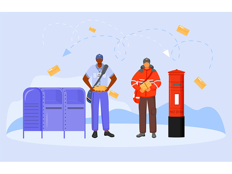 Post office male workers flat color vector illustration