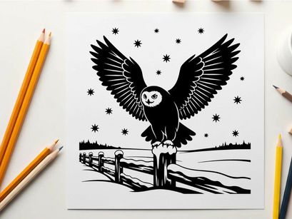 Silhouette of an owl perched on a fence under starry night sky