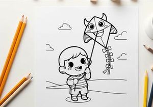 Child flying cow kite playful outdoor vector illustration