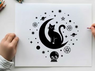 Mystic black cat silhouette on crescent moon with stars preview picture