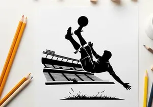 Soccer player silhouette kicking ball in mid air motion