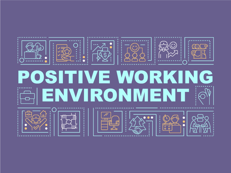 Positive workplace culture word concepts purple banner