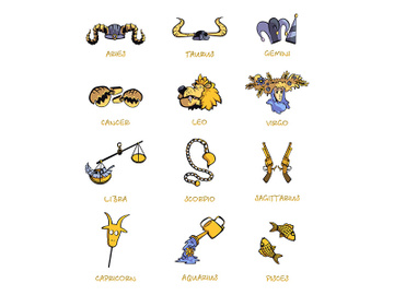 Twelve zodiac signs accessories flat cartoon vector illustrations set preview picture