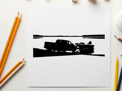 Silhouette of a pickup truck towing a boat on a road by the water