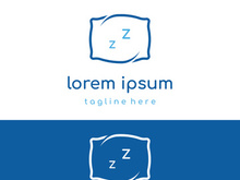 Bed and sleep logo creative design, with pillow,zzz, clock, moon and stars.