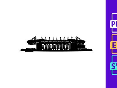 Black and white illustration of a large stadium with a symmetrical design and multiple entrances