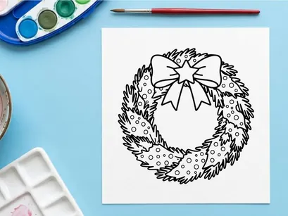 Christmas wreath line art illustration with a decorative bow and star for holiday design.