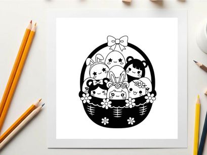 Cute easter basket with cartoon animal friends in silhouette