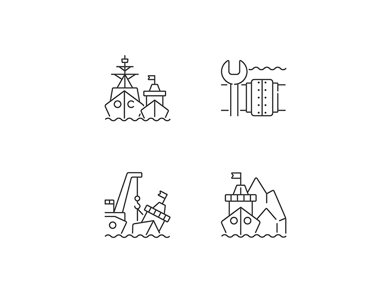 Maritime structures and regulation linear icons set